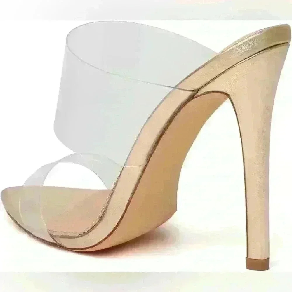 Clear Pointed Toe Heels Transparent Strap Stiletto High Heels‎ Slip on Mules